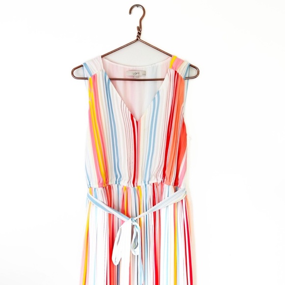 Loft Womens Large Petite Rainbow Striped Pleated Belted Midi Dress - Picture 4 of 7